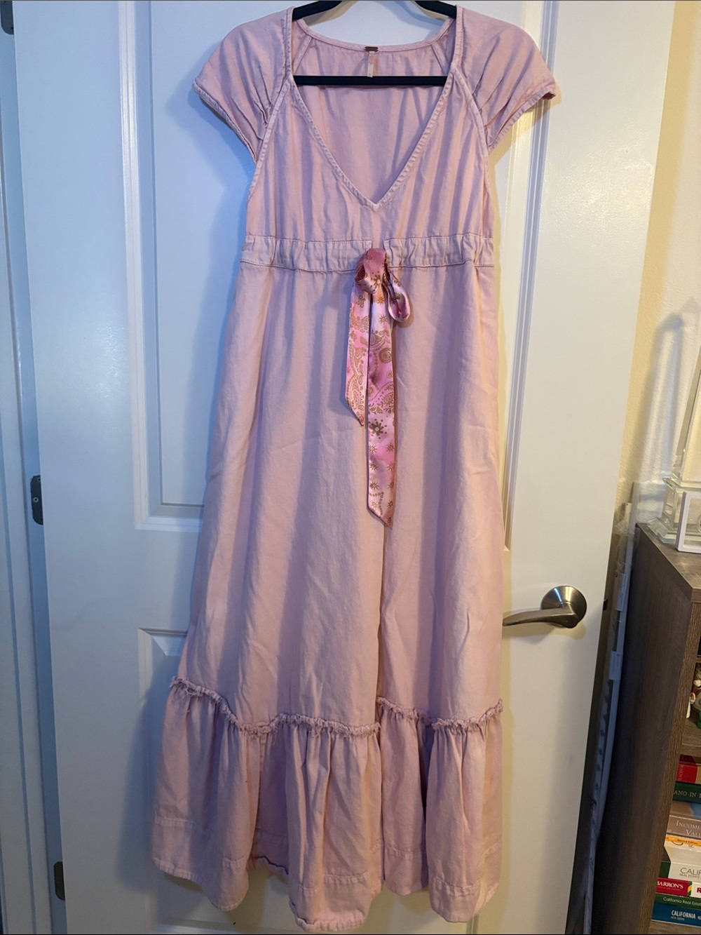 Free People Dusty Pink V‑Neck Tie-Waist Cotton Maxi Dress